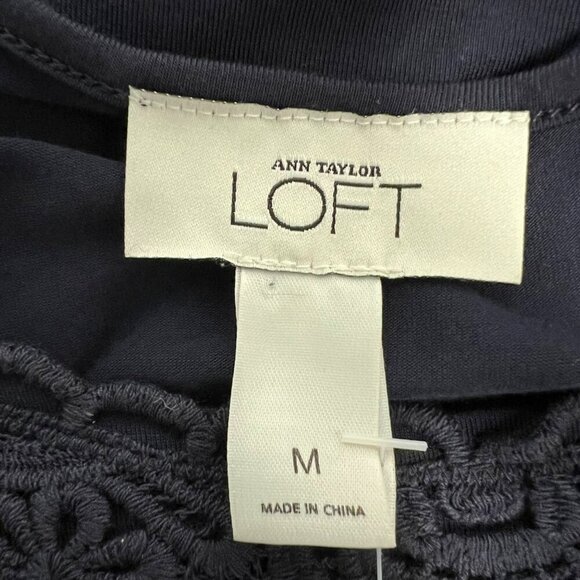 Ann Taylor Loft A-Line Dress Short Sleeve Crochet Trim Navy Size Medium New - Picture 6 of 8